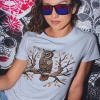 Women's T-Shirt, Vintage Steampunk Owl Graphic - Aesthetic Great Horned Owl Tee Design, Secret W