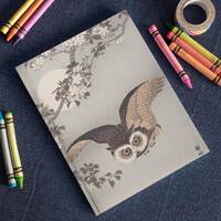 Owl Journal, Hard Backed Vintage Japanese Woodblock Bird Print Lined Hardcover Notebook, Retro Moon 