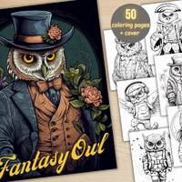 50 Fantasy Owl Coloring Book, Printable Secret Life of Owl Coloring Pages, Grayscale Fairytale Cute 