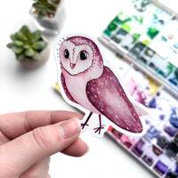 Whimsical Barn Owl Watercolor Sticker – Weatherproof Vinyl Pink Perched Bird Art
