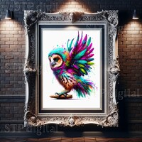 Bohemian Owl Painting, Abstract Realism, Vibrant Boho Paint Splatter Design, Digital Art, High Resol