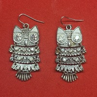 VTG Owl Dangling Earrings Clear Rhinestones Three Tiered