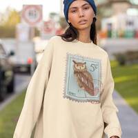Owl Sweatshirt, Owl Post Stamp Sweater, Bird Lover Gifts For Owl Lover Crew Neck
