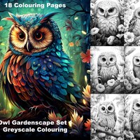 Owl Coloring Pages for Adults, 18 Greyscale Printable Gardenscape Adult Coloring Book Pages, Digital
