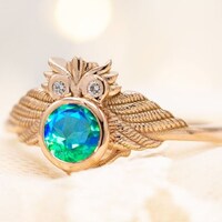 Unique Owl Cut Peacock Quartz Engagement Ring Art Deco Bio Color Gemstone Ring 14k Rose Gold Peacock
