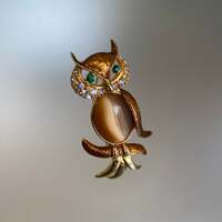 Vintage Owl Brooch: Gold Tone Enamel, Cabochon Belly, Green Crystal Eyes