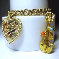 Vintage Goldtone Novelty Charm Bracelet: Owl, Cello, Birthday Heart