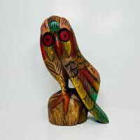 Vintage Wooden Owl Sculpture Statue Colorful Boho Bohemian Decor 10" Tall
