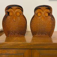 Blenko Owl Bookends Glass Yellowish Brown Tint