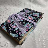 Junk Journal Cover - Pink and Lavender Owls with Blue Skies and Stars on a Black background - COVER