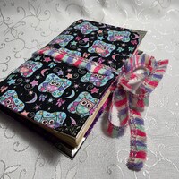 Junk Journal Cover - Pink and Lavender Owls with Blue Skies and Stars on a Black background - COVER