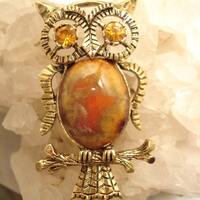 Adorable 1960's Owl On Branch Brooch With Glass Faux Jasper Cabochon, Gold Rhinestone Eyes, Gold