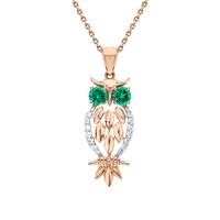 14k Gold Magical Owl Diamond Pendant, Owl Pendant Diamond & Emerald, Women Men Necklace, Birthda