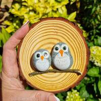 Two Owls hand painted pebbles Grey & White Home deco