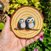 Owls Dark Grey & White hand painted pebbles home décor