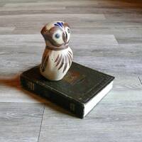 Tonala Mexico Pottery Owl Figurine with Hand Painted Blue Flowers, Vintage Signed El Palomar Clay Po