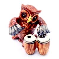 Miniature Ceramic Owl Bird Funny Animal Play Congas Drums Musician Small Brown Figurine Little Statu