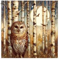 Barred Owl In Birch Forest JPG Nature Animal Illustration Digital Download Bird Art 12x12 Inch 300Dp