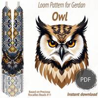 Owl with embroidery gerdan necklace pattern, PDF beading loom pattern based on Preciosa Rocailles se
