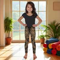 Cute Golden Owl Leggings For Kids, Ornamental Printed Stretch Bottoms For Play Or Casual Wear, Comfo