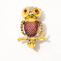 Vintage Owl Brooch, Enamel and Rhinestones