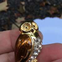 Vintage jewelled owl brooch pin brown metallic Enamel rhinestone 80s ornate copper tone Halloween Je