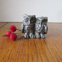 Vintage Miniature Pewter Mama & Baby Owl Figurine Knick Knacks