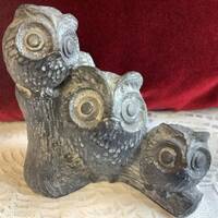Hand Carved Soapstone Owl Family on Branch Nuvuk Islands Canada Bird Sculpture Figurine