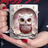 White owl mug, Wall of flowers, Mothers gift, Girl present, Grandma gift, Bird mug, 3D art, Gift for