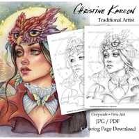 Owl Shifter Christine Karron Coloring Page Grayscale illustration Female Fantasy Portrait Instant Do