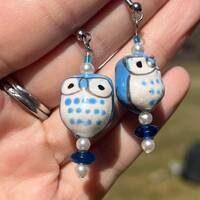 Blue Wise Owl Dangle Earrings