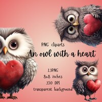 Owl Valentine's Day Clipart, Cute Owls Clip Art, Owl with a Heart, Bird Clipart, PNG, Commercial