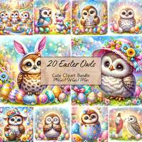 Watercolor Easter Owl Clipart, Whimsical Animal Images, Cute High Quality Bundle, Digital Download G