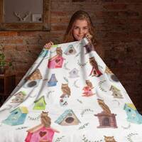 Owl birdhouse themed Velveteen Plush Blanket, Owl themed plush, xmas Owl lover gift, Owl mom throw, 