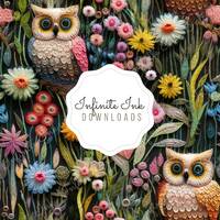 Faux Embroidery Effect Owls Floral Seamless Pattern - Cute Woodland Animals Repeating Design - PNG -