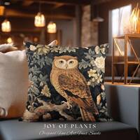 Dark Botanical Owl Throw Pillow | William Morris Throw Pillow Woven Woodland Forestcore Decor Pillow