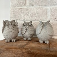 Adorable 'See Hear Speak No Evil' Cement Owl Set - Perfect for Mantel and Porch, Indoor/Outd