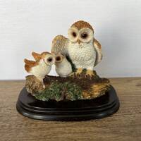 Barn Owl Family by Regency Fine Arts, Resin Owl Figurine, Owl Family on Wooden Base, Vintage Animal 