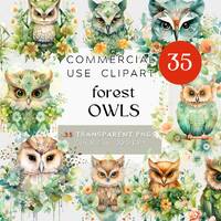 Forest Owls Watercolor Clipart Bundle, geometric night OWLS, Commercial Use, Digital transparent bac