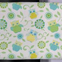 Owl Fabric: Mint Green, Teal, Yellow Cotton Quilter Fabric
