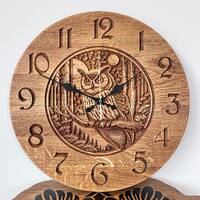 Oak Wall Clock Owl & Moon Carving - Silent Mechanism, 40cm Rustic Wooden Clock, Eco-Friendly Hom