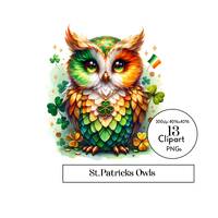 Whimsical St. Patrick's Day Owls: 13 PNGs Watercolor Clipart for Festive Holiday Designs, cards,