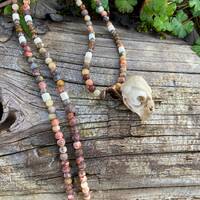 Miniature Owl Skull Pendant: Deer Antler, Leopard Jasper & Agate Beads