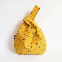 Japanese Knot Bag, Medium Project Bag in Yellow with Owls, Wrist Knot Bag, Japanese Wristlet Pouch, 