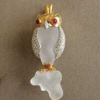 Handmade owl brooch pendant | 18k bicolor gold, diamonds, ruby & quartz