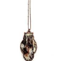 Carved Sunstone Moonstone Owl with Skull Necklace // Electroformed Jewelry // Soldered Copper Chain