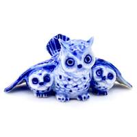 Miniature Ceramic Owl Family Mom Babies Bird Animal Little Blue White Figurine Statue Small Decorati