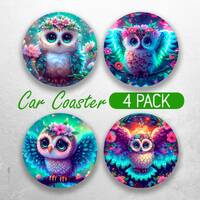 3D Baby Owl Car Coaster PNG Colorful Owl Car Coaster Sublimation Designs Woodland Animal Owl Car Coa