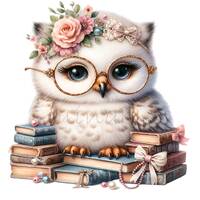 12 PNG Book Owl Clipart &ndash; Floral Owl Art with Glasses and Vintage Books for Teacher Cards, Sti