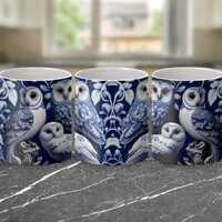 Barn Owl Mug, Indigo Floral Owl Mug, Owl Lover Gift, Bird Mug, Aesthetic Mug, Coffee Cup, Tea Cup, G